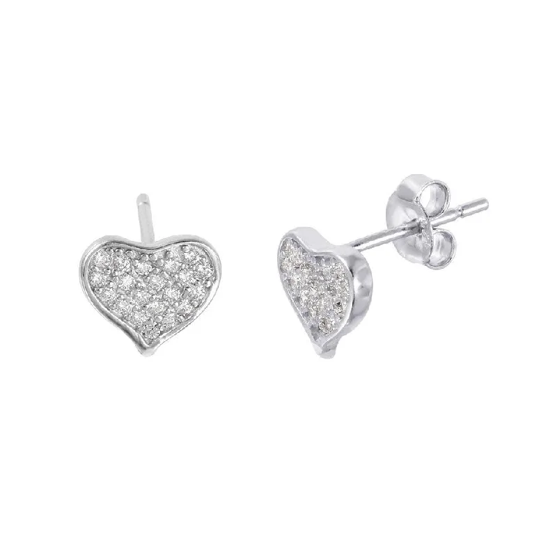 Silver 925 Rhodium Plated Heart-shaped Pave CZ Stud Earrings - STE01009