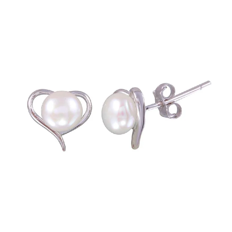 Rhodium Plated 925 Sterling Silver Heart Stud Earrings with Synthetic Pearl - BGE00627