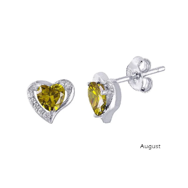 Rhodium Plated 925 Sterling Silver Heart with Birthstone Center Stud Earrings August - STE01028-AUG