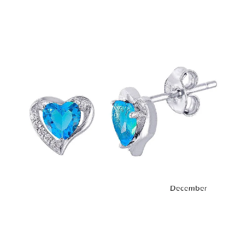 Rhodium Plated 925 Sterling Silver Heart with Birthstone Center Stud Earrings December - STE01028-DEC