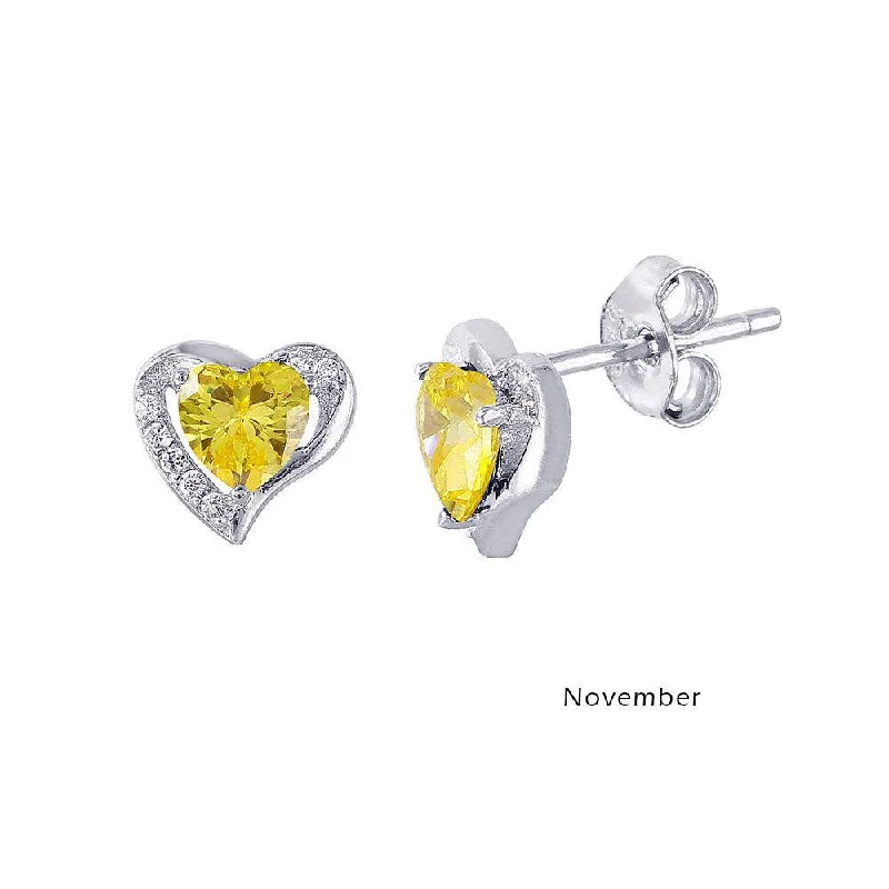 Rhodium Plated 925 Sterling Silver Heart with Birthstone Center Stud Earrings November - STE01028-NOV