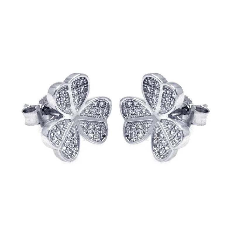 Silver 925 Rhodium Plated Micro Pave Clear Clover CZ Stud Earrings - ACE00050