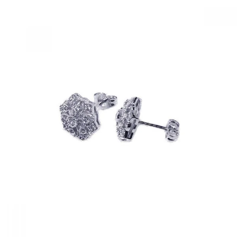 Silver 925 Rhodium Plated Micro Pave Clear Flower Filigree CZ Stud Post Earrings - ACE00024