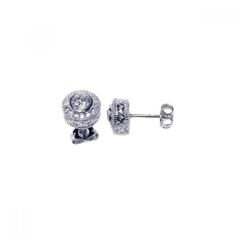 Silver 925 Rhodium Plated Micro Pave Clear Round Inlay CZ Stud Post Earrings - ACE00021