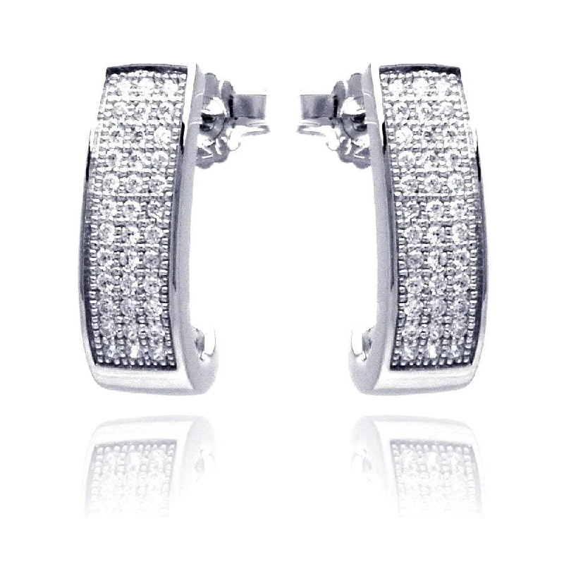 Silver 925 Rhodium Plated Micro Pave Clear Round Rectangle CZ Stud Earrings - ACE00058