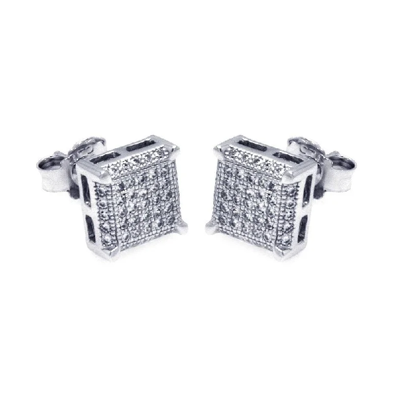 Silver 925 Rhodium Plated Micro Pave Clear Square CZ Stud Earrings - ACE00045