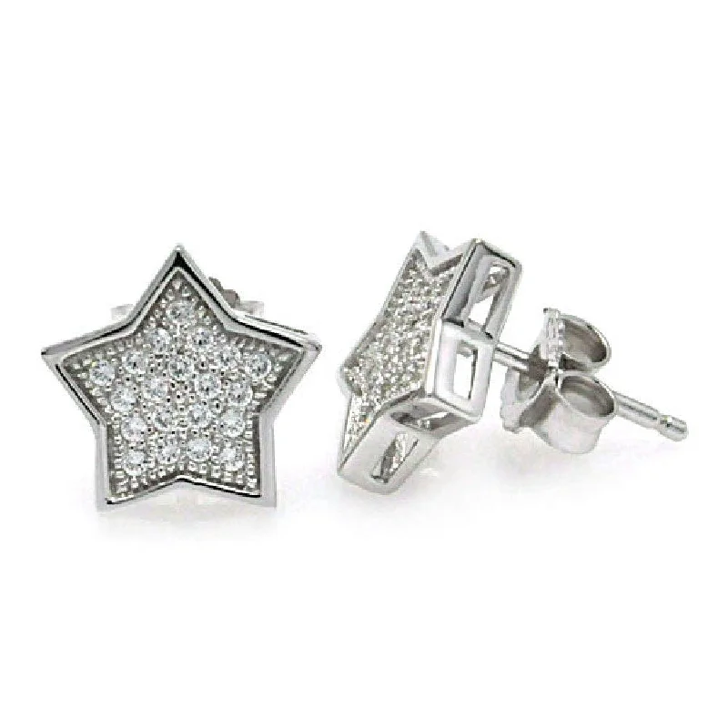 Silver 925 Rhodium Plated Micro Pave Clear Star CZ Stud Earrings - ACE00037