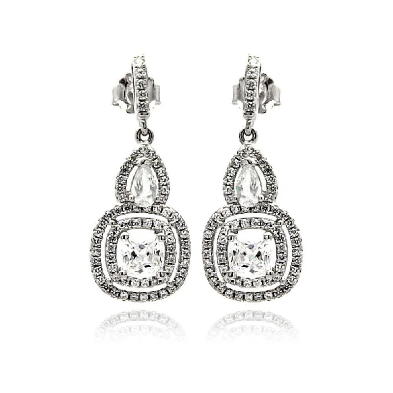 Silver 925 Rhodium Plated Micro Pave Clear Teardrop Square CZ Dangling Stud Earrings - ACE00076