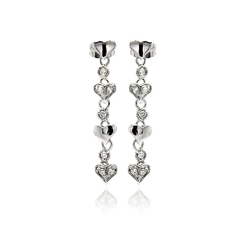 Silver 925 Rhodium Plated Multiple Heart Round CZ Dangling Stud Earrings - BGE00247