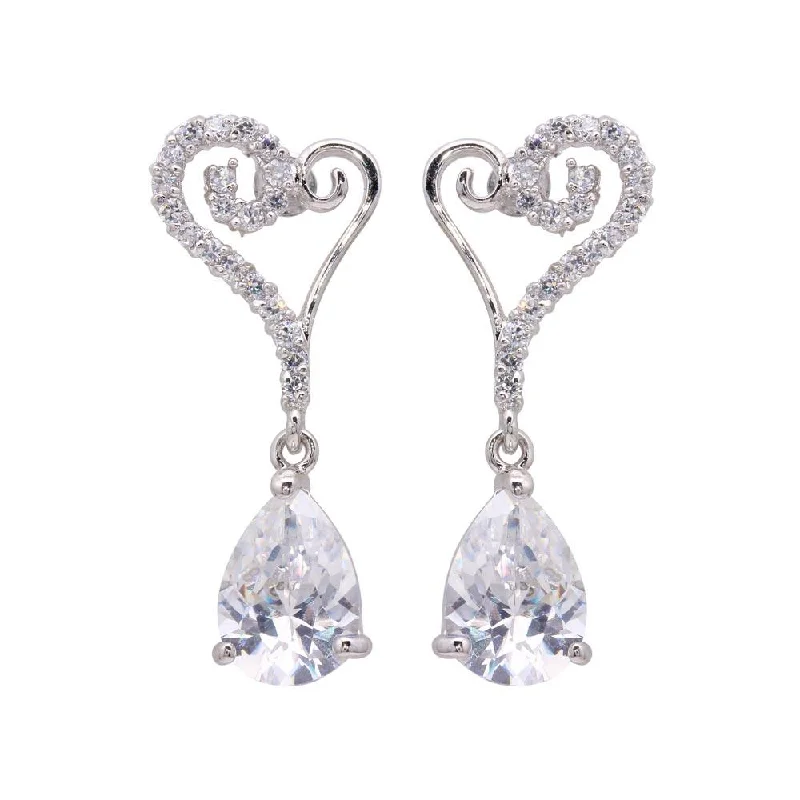 Silver 925 Rhodium Plated Open Heart CZ Dangling Stud Earrings - BGE00104