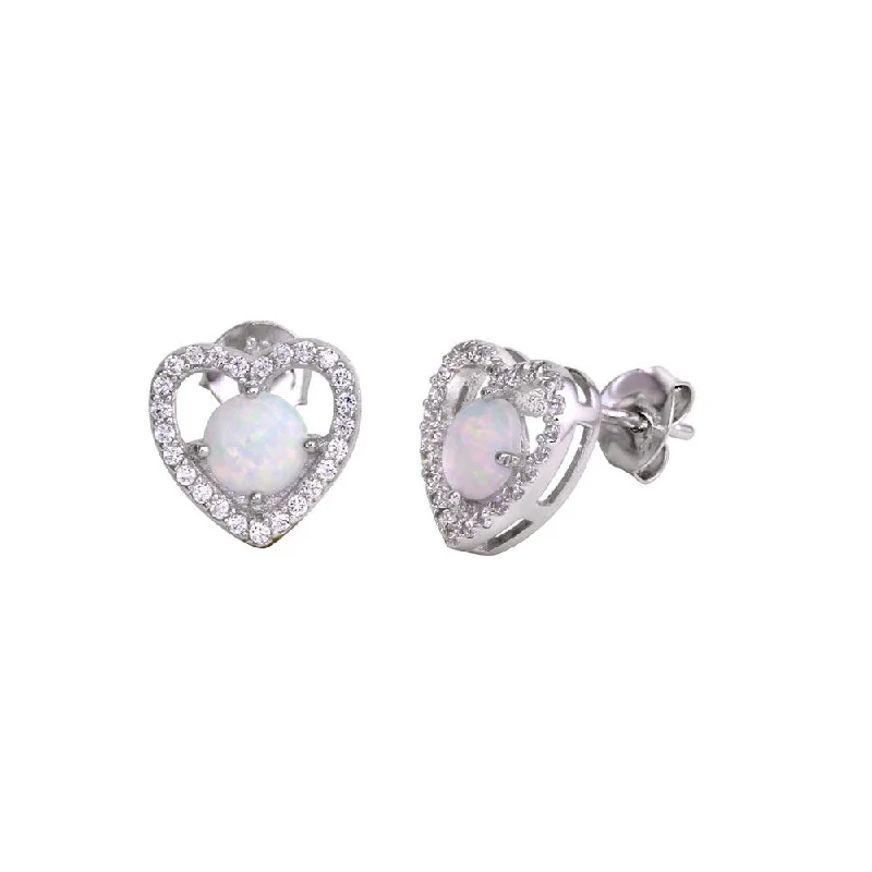 Rhodium Plated 925 Sterling Silver Open Heart Stud Earrings with CZ and Synthetic Opals - BGE00588