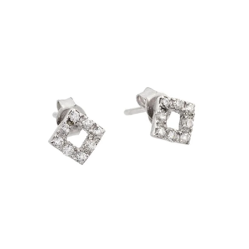 Rhodium Plated 925 Sterling Silver Open Square Stud Earrings with CZ - STE00492