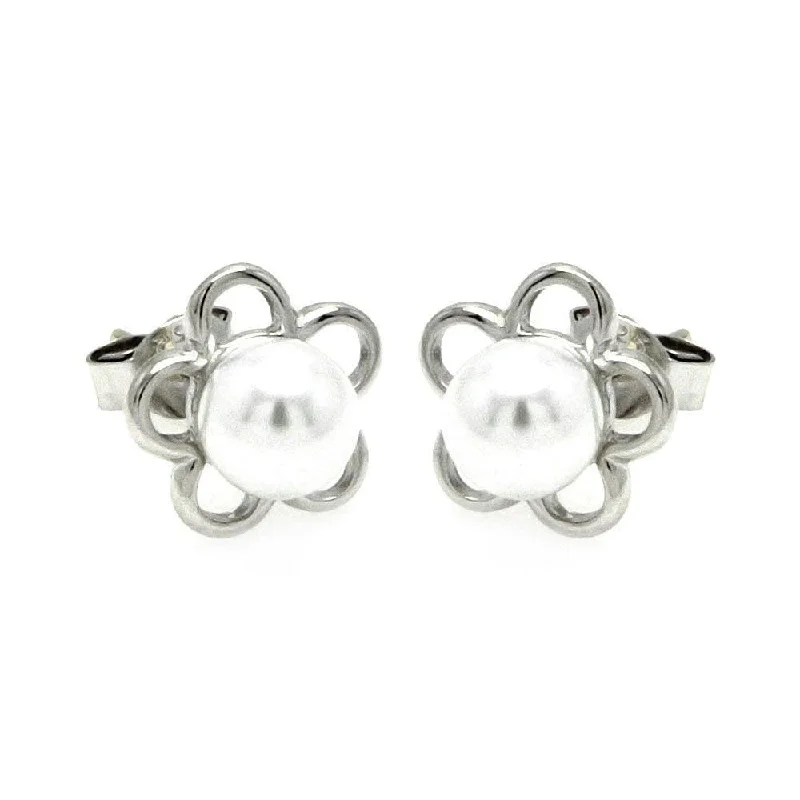 Silver 925 Rhodium Plated Open Star Pearl Stud Earrings - STE00894