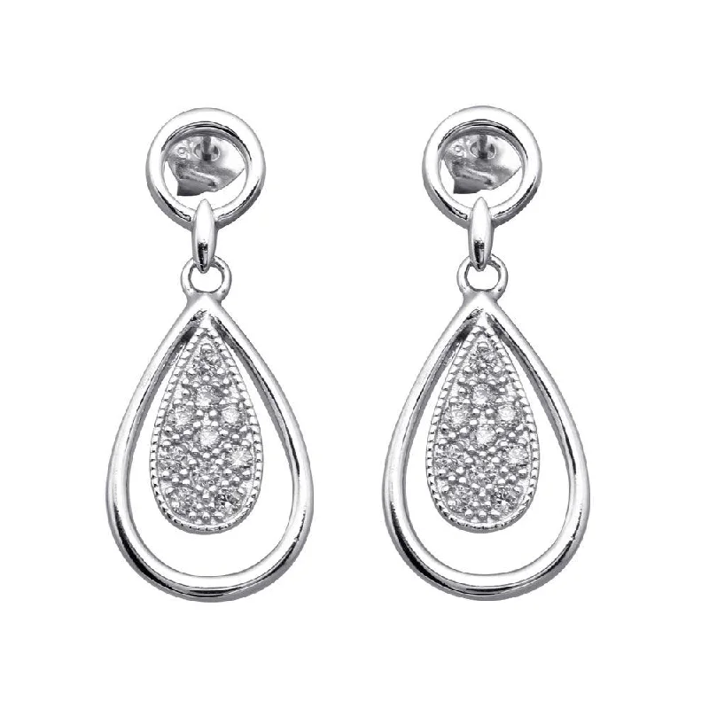 Silver 925 Rhodium Plated Open Teardrop Clear CZ Dangling Stud Earrings - BGE00043