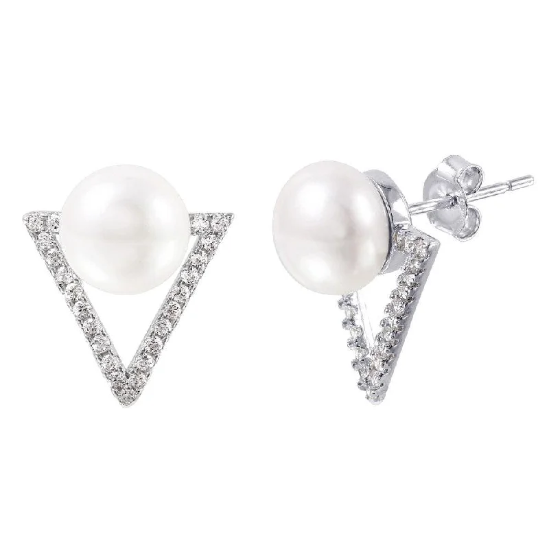 Silver 925 Rhodium Plated Open Triangle Fresh Water Pearl CZ Stud Earrings - STE01006