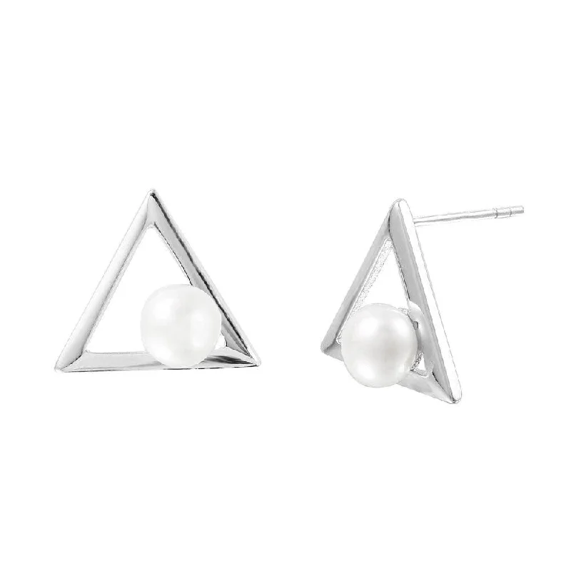 Silver 925 Rhodium Plated Open Triangle Fresh Water Pearl Stud Earrings - STE01002