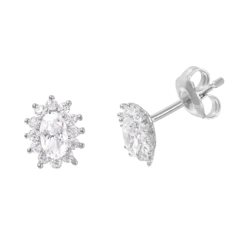 Silver 925 Rhodium Plated Oval CZ Burst Stud Earrings - GME00012