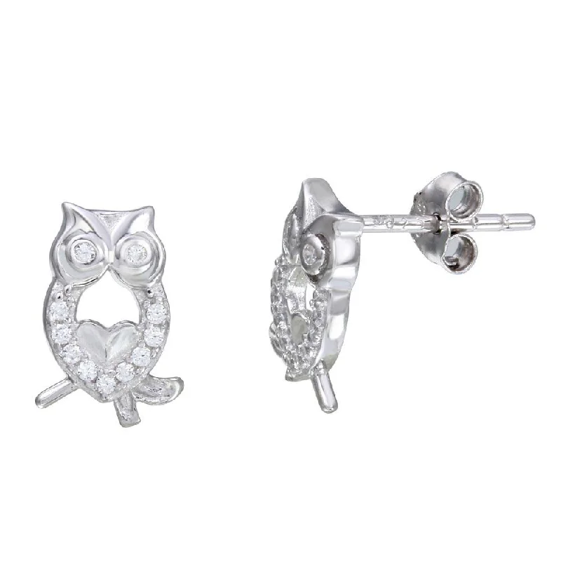 Rhodium Plated 925 Sterling Silver Owl CZ Stud Earrings - STE01104