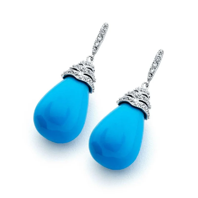 Silver 925 Rhodium Plated Pear Teardrop Turquoise CZ Dangling Stud Earrings - BGE00349