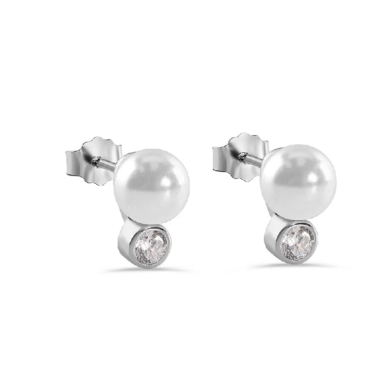 Silver 925 Rhodium Plated Pearl Stud Earrings - STE00909