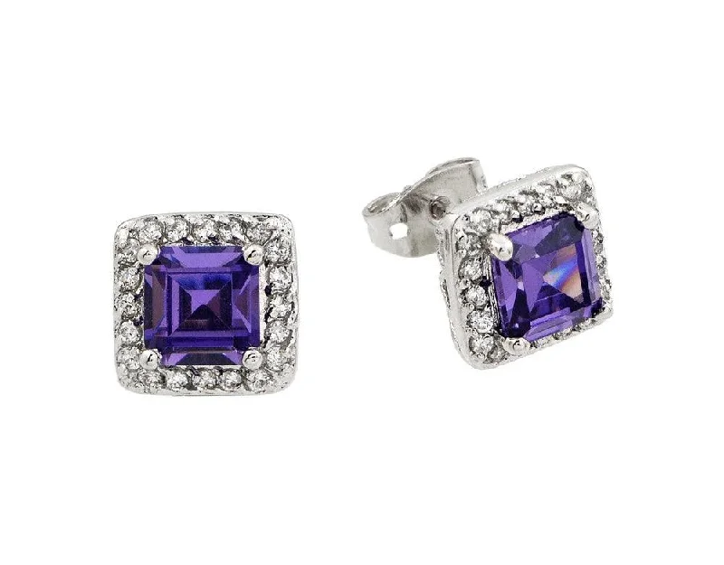 Silver 925 Rhodium Plated Purple Square CZ Stud Earrings - BGE00359P