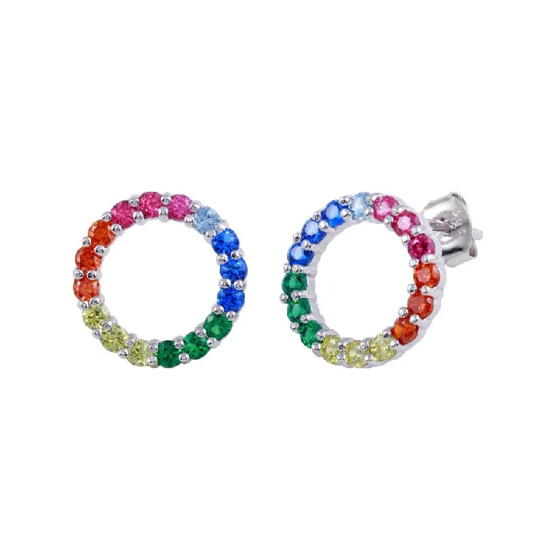 Rhodium Plated 925 Sterling Silver Rainbow Open Circle Stud Earrings - BGE00605