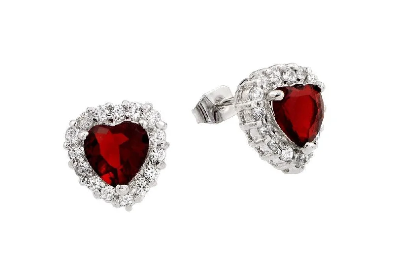 Silver 925 Rhodium Plated Red Heard CZ Stud Earrings - BGE00367R