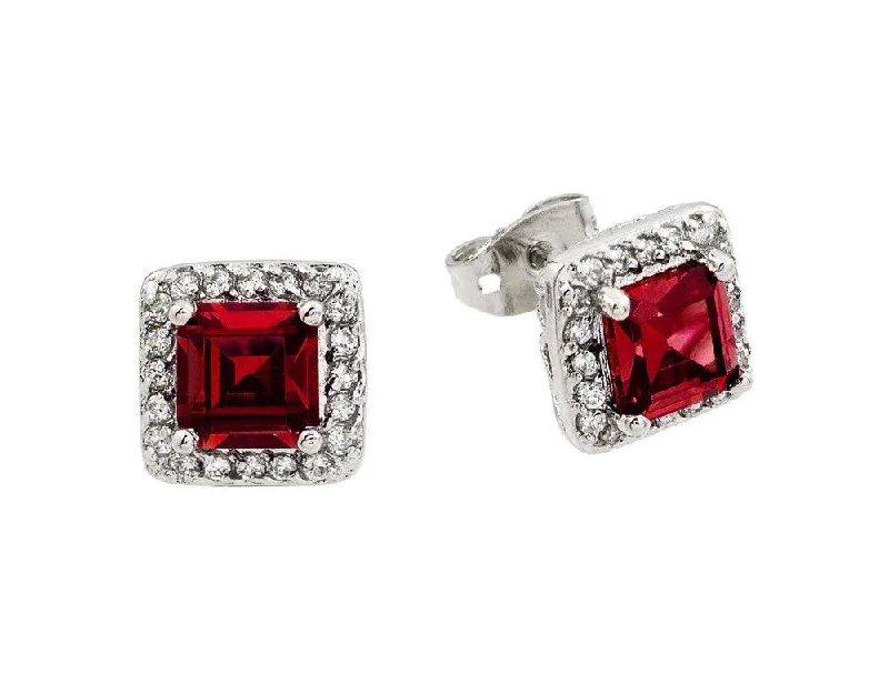 Silver 925 Rhodium Plated Red Square CZ Stud Earrings - BGE00359R