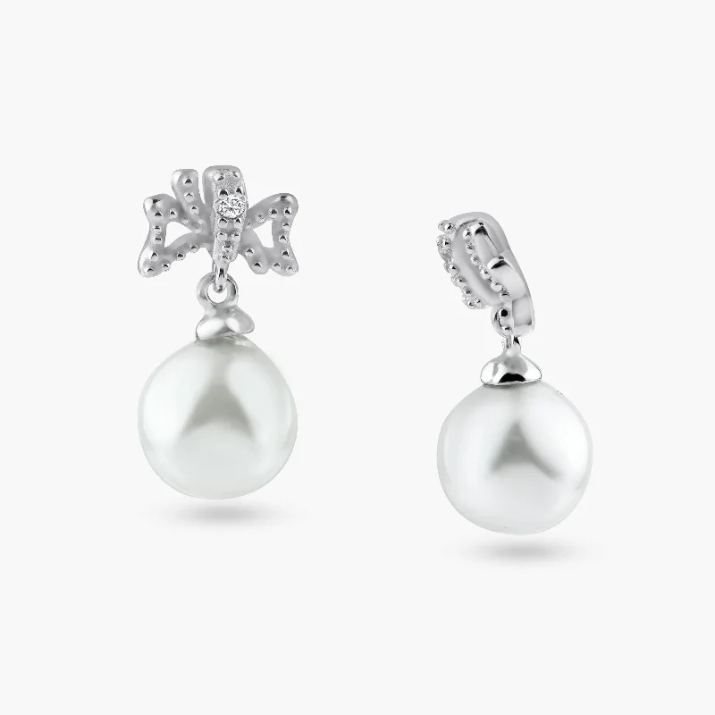 Silver 925 Rhodium Plated Ribbon CZ Hanging Pearl Stud Earrings - BGE00421