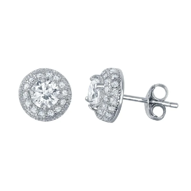 Silver 925 Rhodium Plated Round Clear CZ Dome Stud Earrings - BGE00454