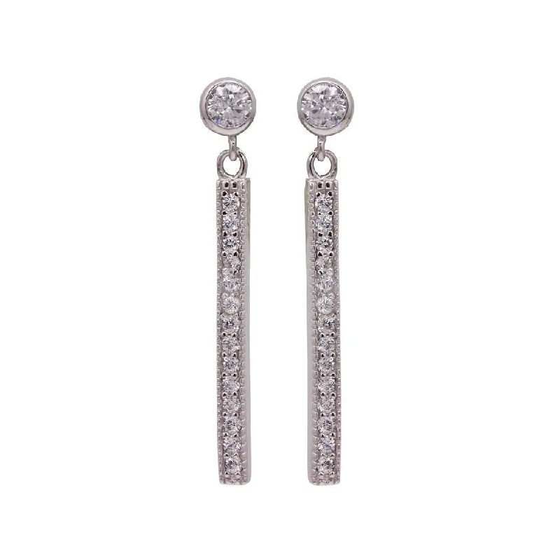 Silver 925 Rhodium Plated Round Clear CZ Rectangular Dangling Stud Earrings - STE00956