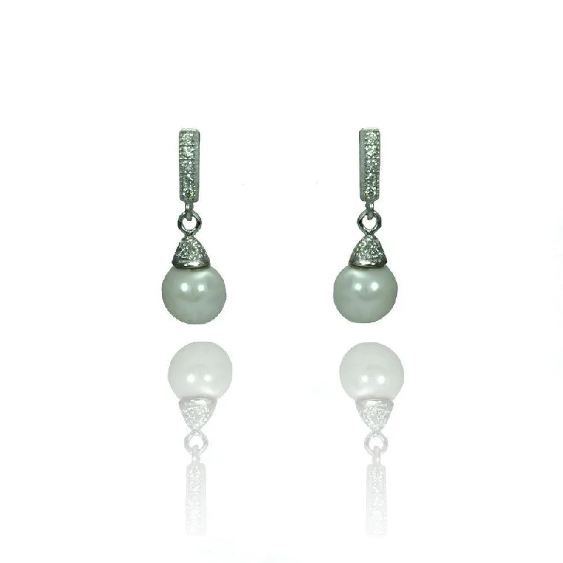 Silver 925 Rhodium Plated Round Clear CZ Synthetic Pearl Dangling Stud Earrings - STE00902