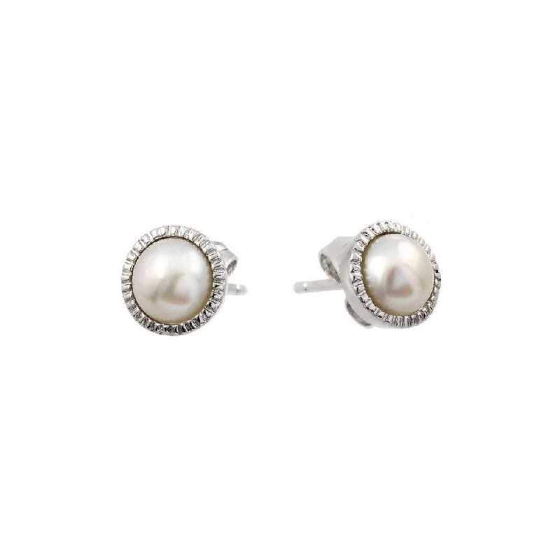 Silver 925 Rhodium Plated Round CZ Inlay Center Fresh Water Pearl Stud Earrings - BGE00404