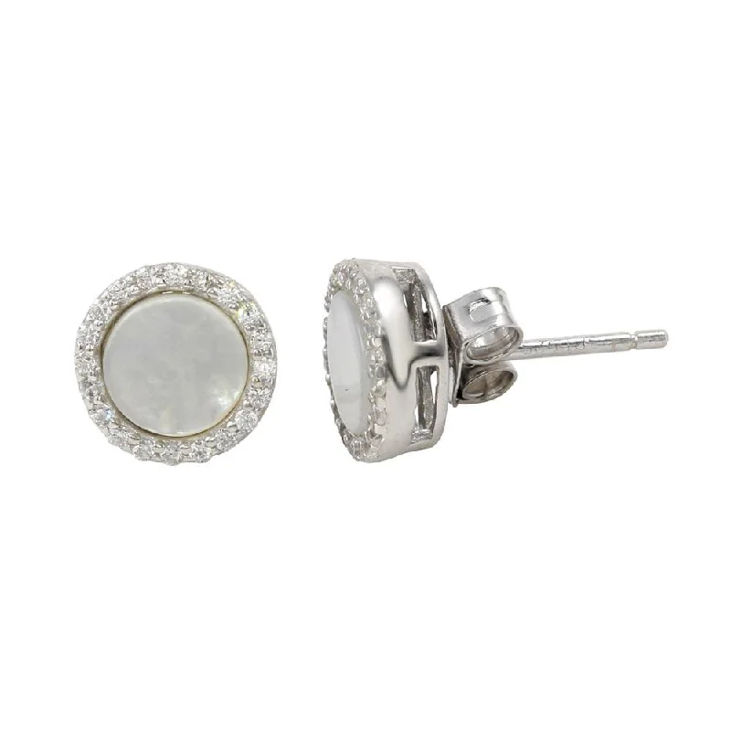 Rhodium Plated 925 Sterling Silver Round Opal Stud Earrings with Clear CZ Stones - STE01125CLR