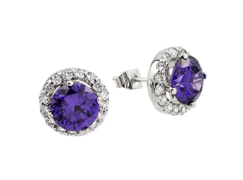 Silver 925 Rhodium Plated Round Purple CZ Stud Earrings - BGE00368P