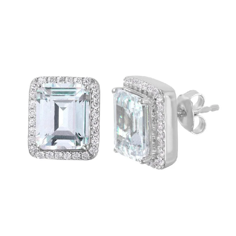 Silver 925 Rhodium Plated Round Square CZ Stud Earrings - GME00013RH