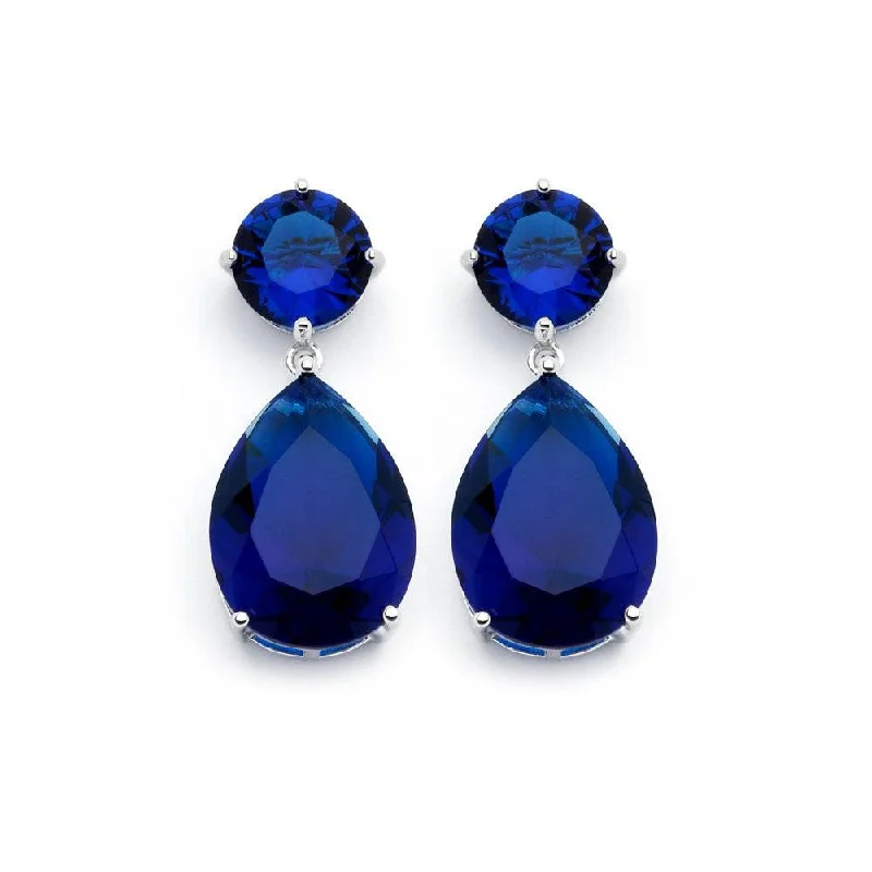 Silver 925 Rhodium Plated Round Teardrop Blue CZ Dangling Stud Earrings - BGE00858BLUE