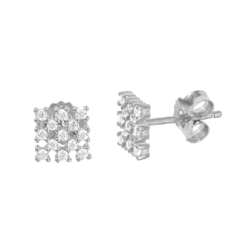 Silver 925 Rhodium Plated Small Square Checkered CZ Stud Earrings - ACE00078RH