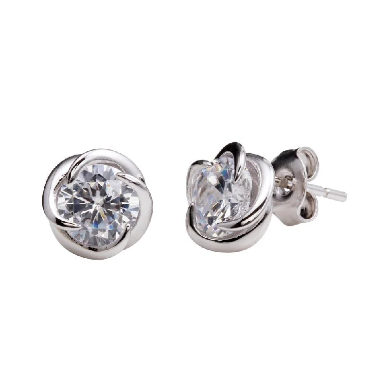 Rhodium Plated 925 Sterling Silver Stud Rose Earrings with CZ Center - STE01151RH