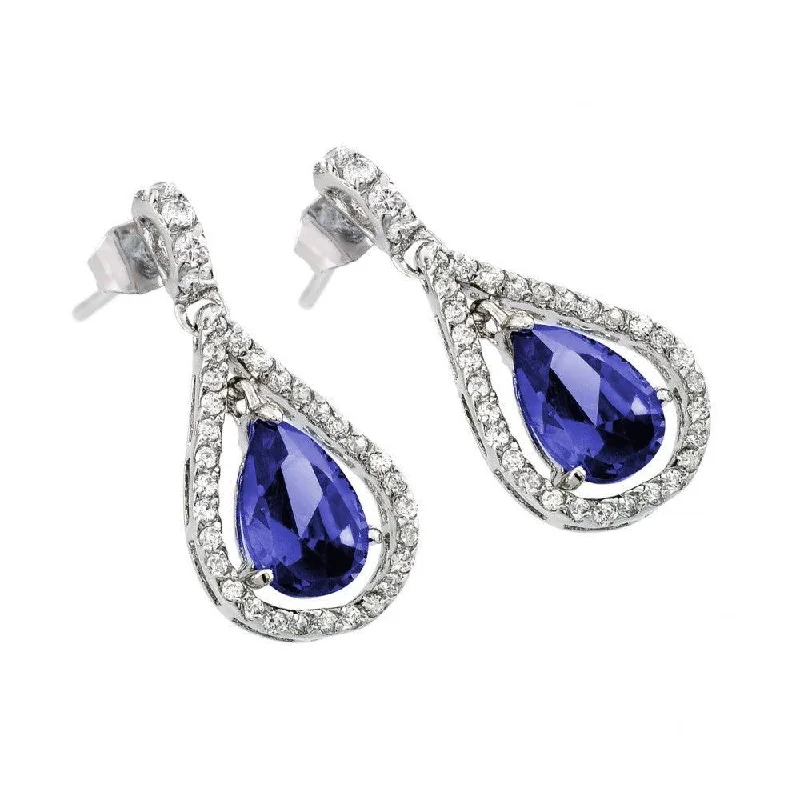 Silver 925 Rhodium Plated Teardrop Purple CZ Dangling Stud Earrings - BGE00379