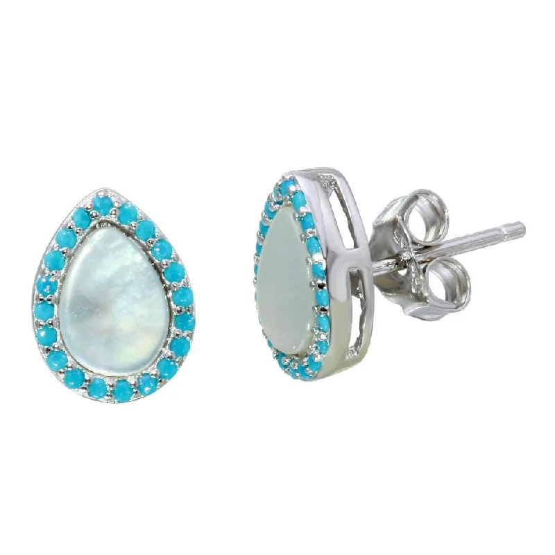 Rhodium Plated 925 Sterling Silver Teardrop Shaped Opal Stud Earrings with Blue CZ Stones - STE01118BLU