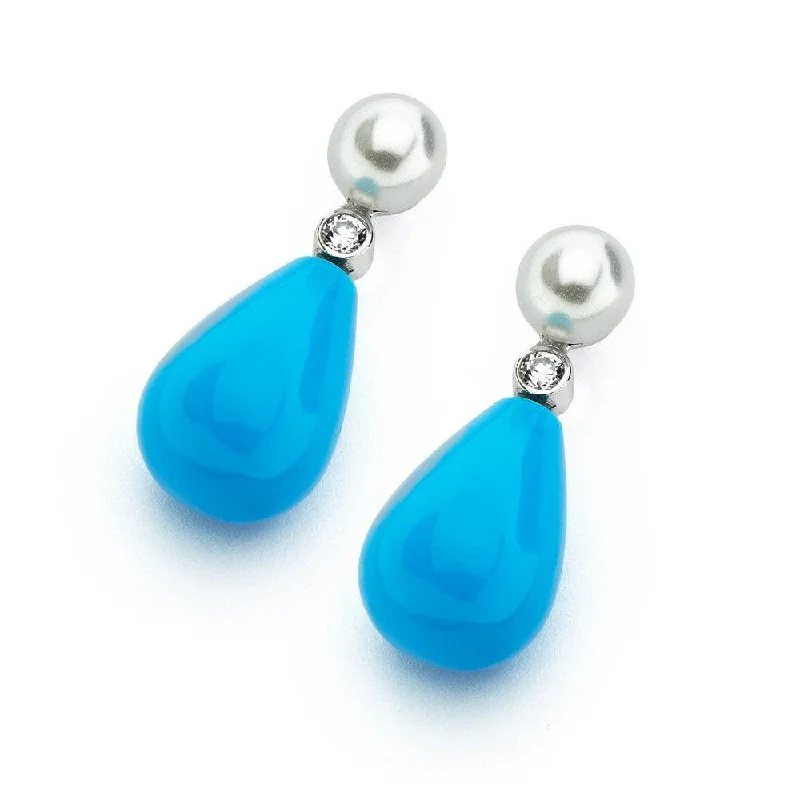 Silver 925 Rhodium Plated Teardrop Turquoise CZ Dangling Stud Earrings - BGE00347