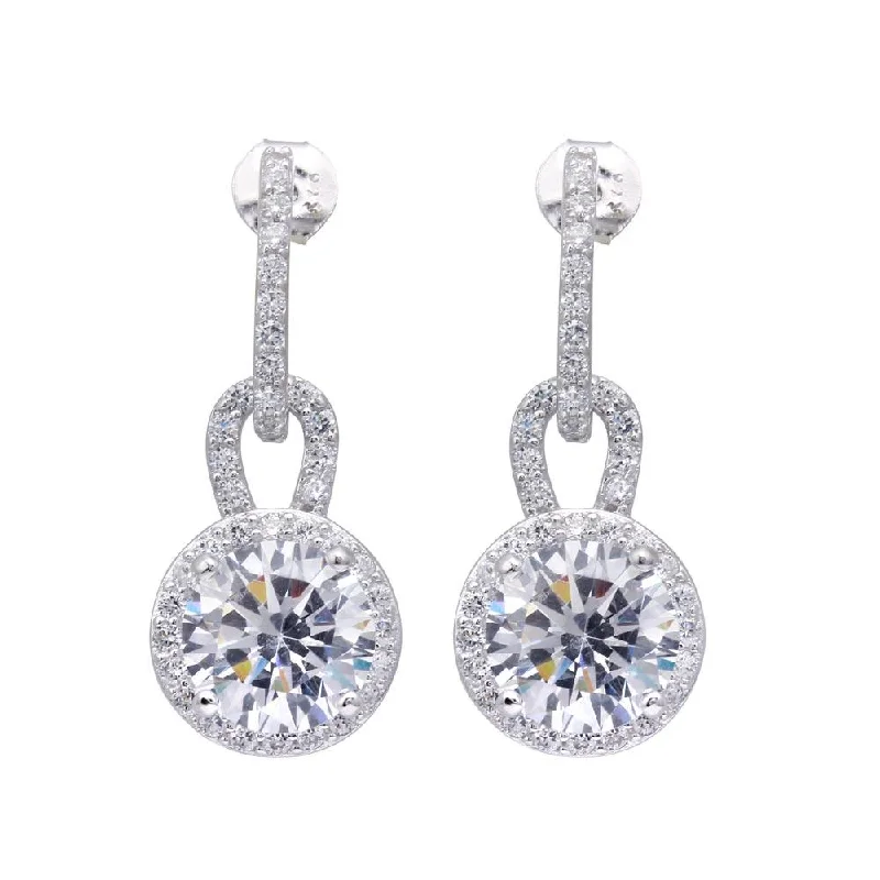 Silver 925 Rhodium Plated Two Piece Round Pave CZ Dangling Stud Earrings - BGE00339