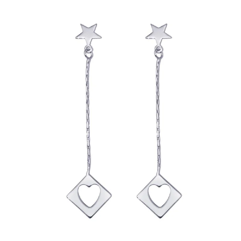 Silver 925 Rhodium Plated Wired Dangling Square Open Heart Stud Earrings - DSE00028