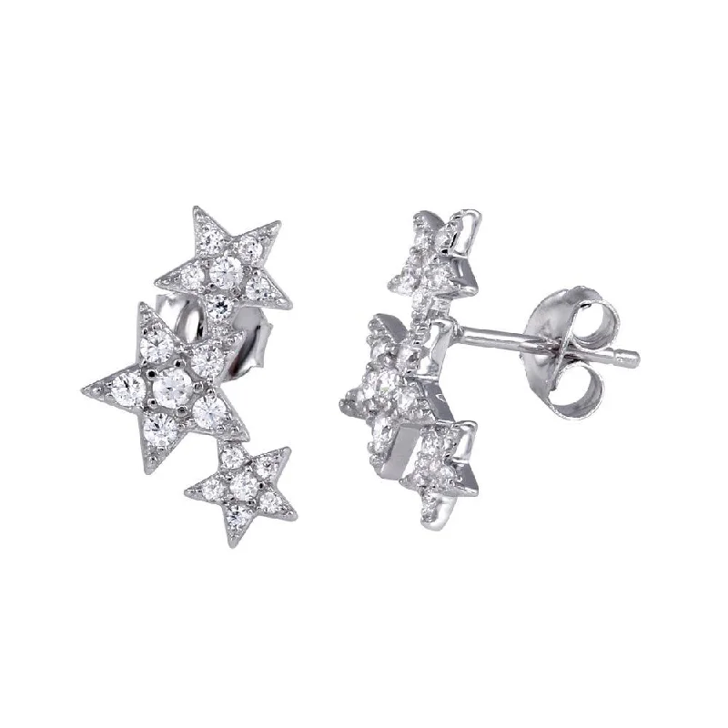 Rhodium Plated 925 Sterling Silver Three Star Stud Earrings - BGE00573