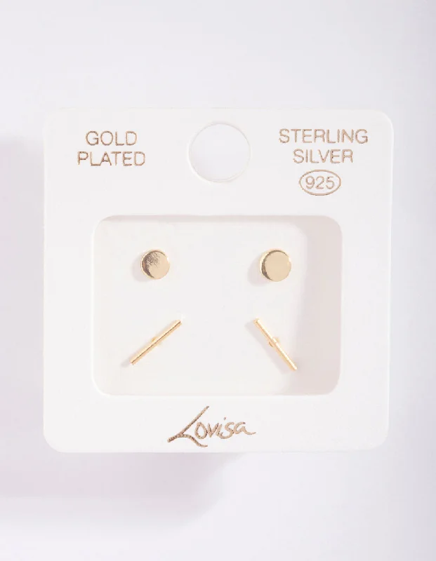 Gold Plated Sterling Silver Disc & Line Stud Earring Pack