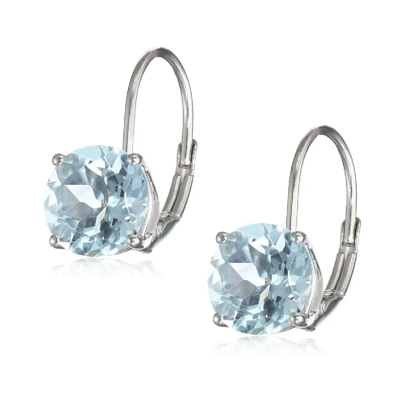 10k White Gold Aquamarine Round Lever Dangle Earrings