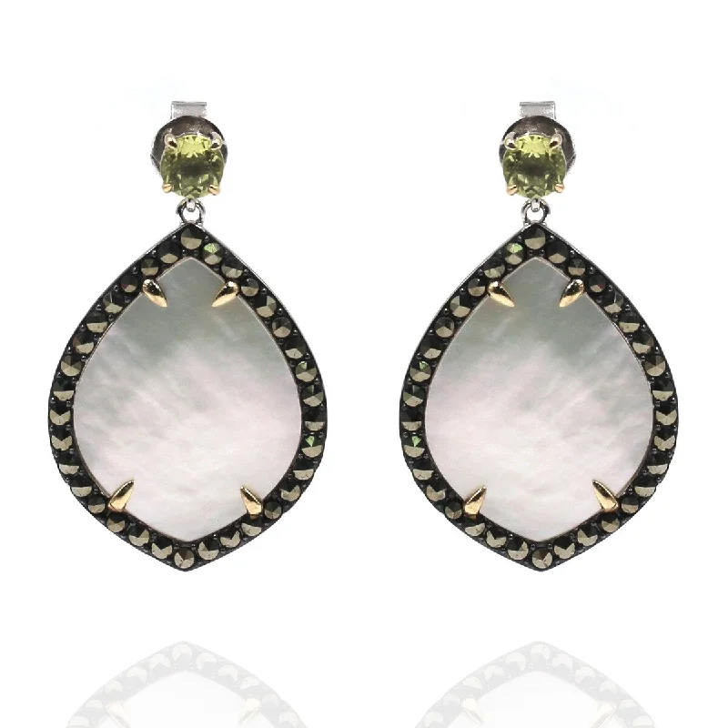 14K Gold & Sterling Silver with Pearl, Marcasite Earrings