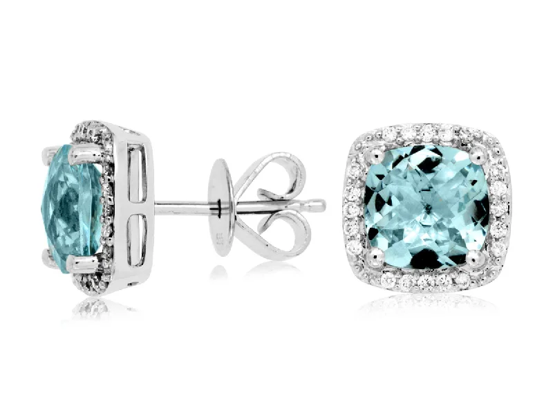 14K White Gold Aquamarine and Diamond Halo Earrings