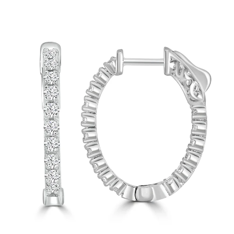 14K White Gold Oval Shaped Inside out 1ctw Diamond Hoop Earrings